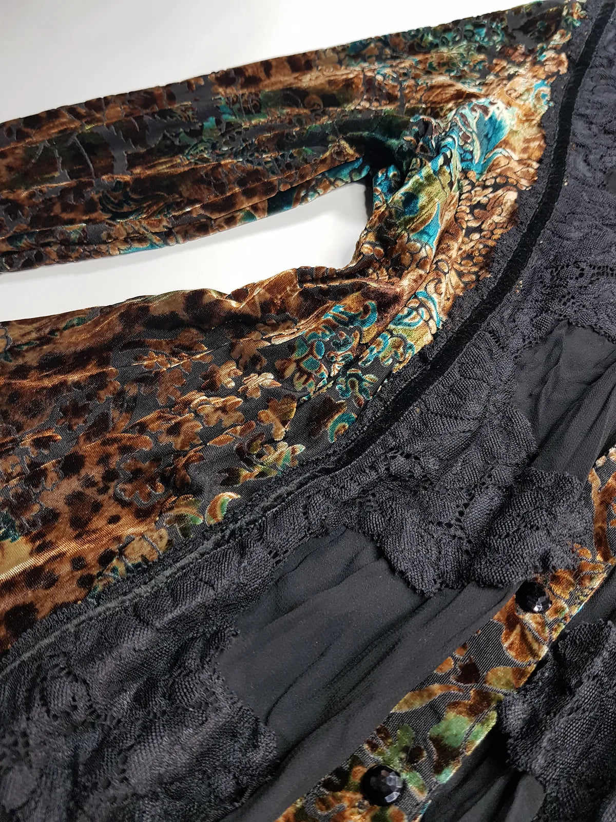 1990s Sexy Vintage Designer Bohemian Rockstar Style Burnt Velvet & Lace Button up Top