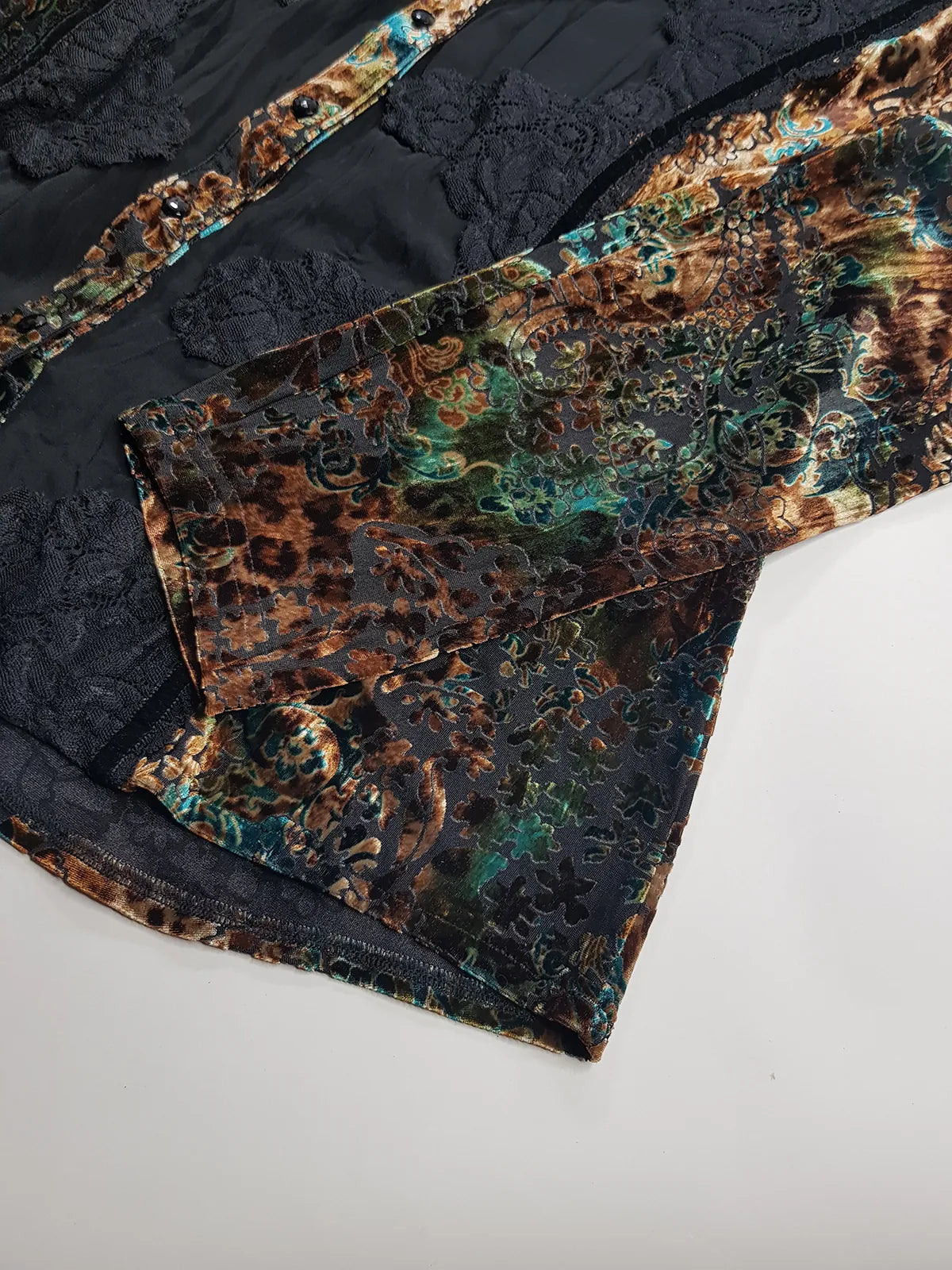 1990s Sexy Vintage Designer Bohemian Rockstar Style Burnt Velvet & Lace Button up Top