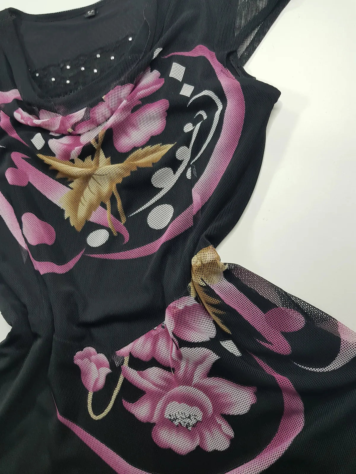 1990s Sexy Vintage Whimsical Dark Garden Fairy Dress - Mesh Cowl Neck - Tailored Beautifully- Handkerchief Hemline - Lace & Rhinestone Bust - Insane Floral Print