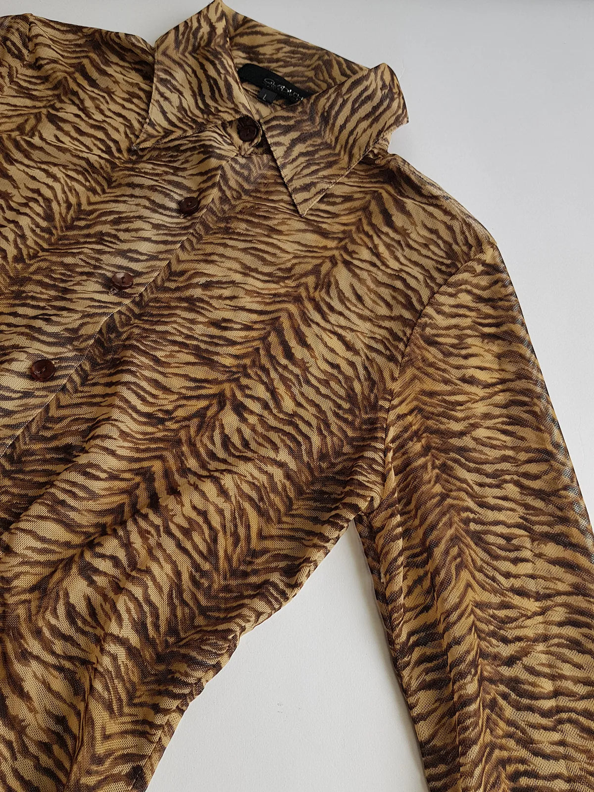 1990s Sexy Vintage Designer Bohemian Tigress - Rockstar Style  Button up - Collared Top in Mesh with Tiger Print