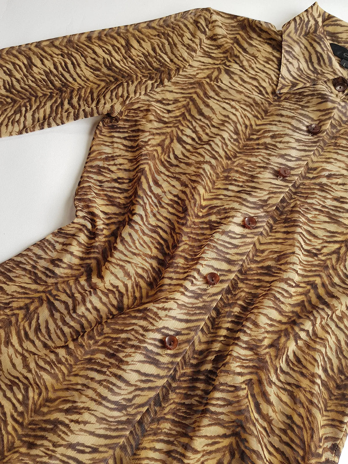 1990s Sexy Vintage Designer Bohemian Tigress - Rockstar Style  Button up - Collared Top in Mesh with Tiger Print