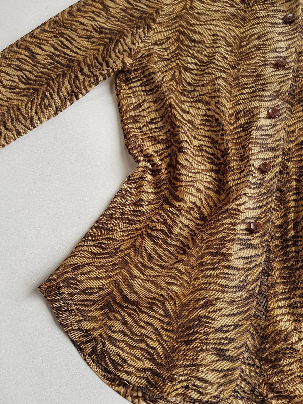 1990s Sexy Vintage Designer Bohemian Tigress - Rockstar Style  Button up - Collared Top in Mesh with Tiger Print
