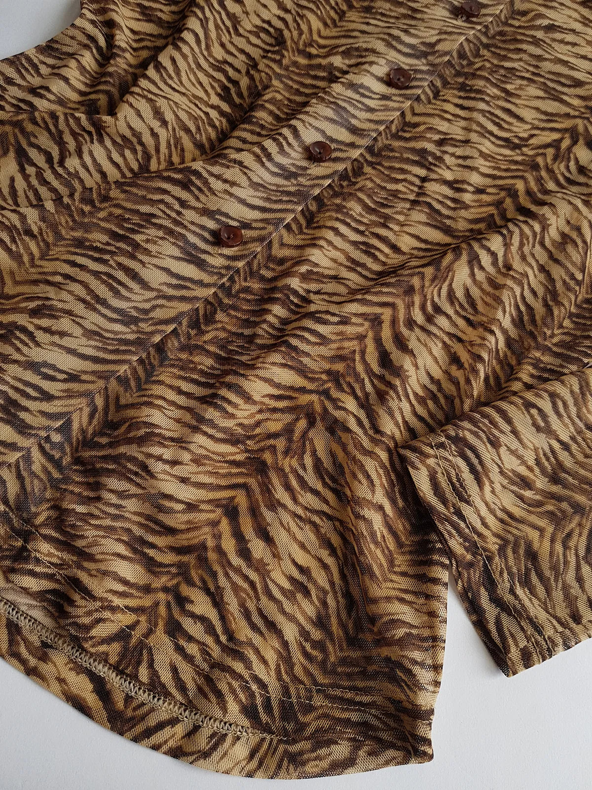 1990s Sexy Vintage Designer Bohemian Tigress - Rockstar Style  Button up - Collared Top in Mesh with Tiger Print