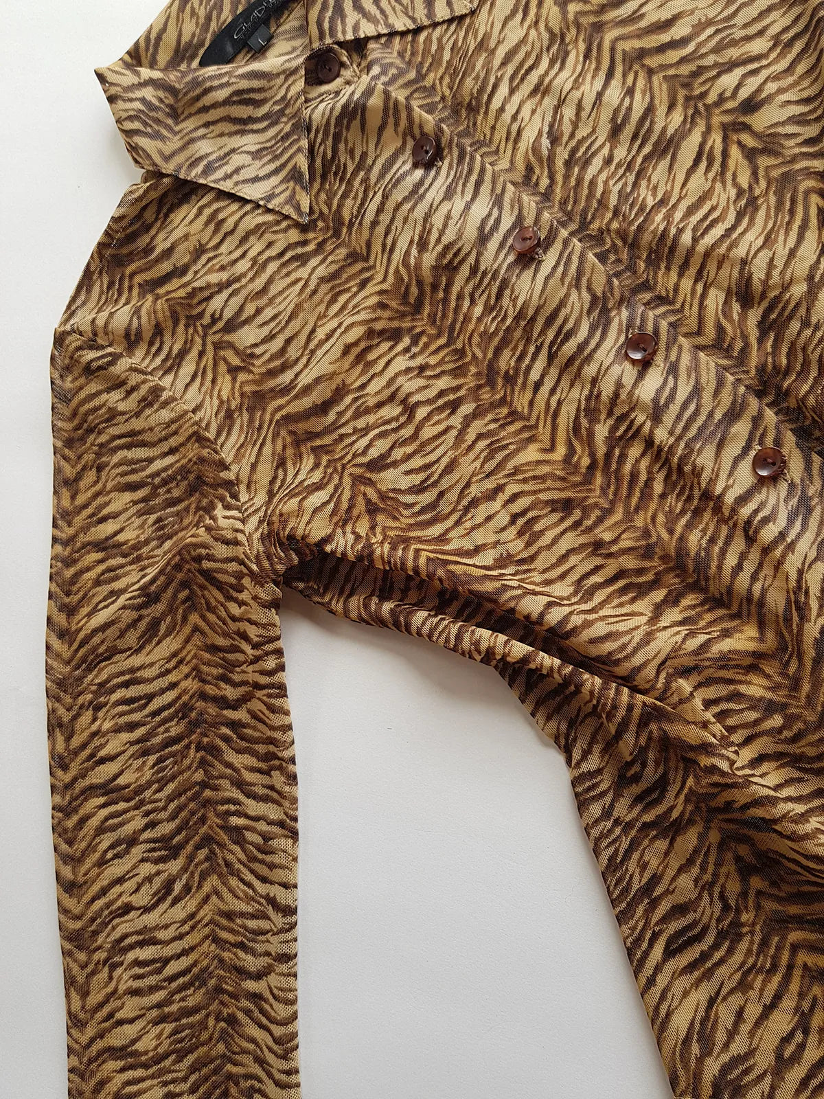 1990s Sexy Vintage Designer Bohemian Tigress - Rockstar Style  Button up - Collared Top in Mesh with Tiger Print