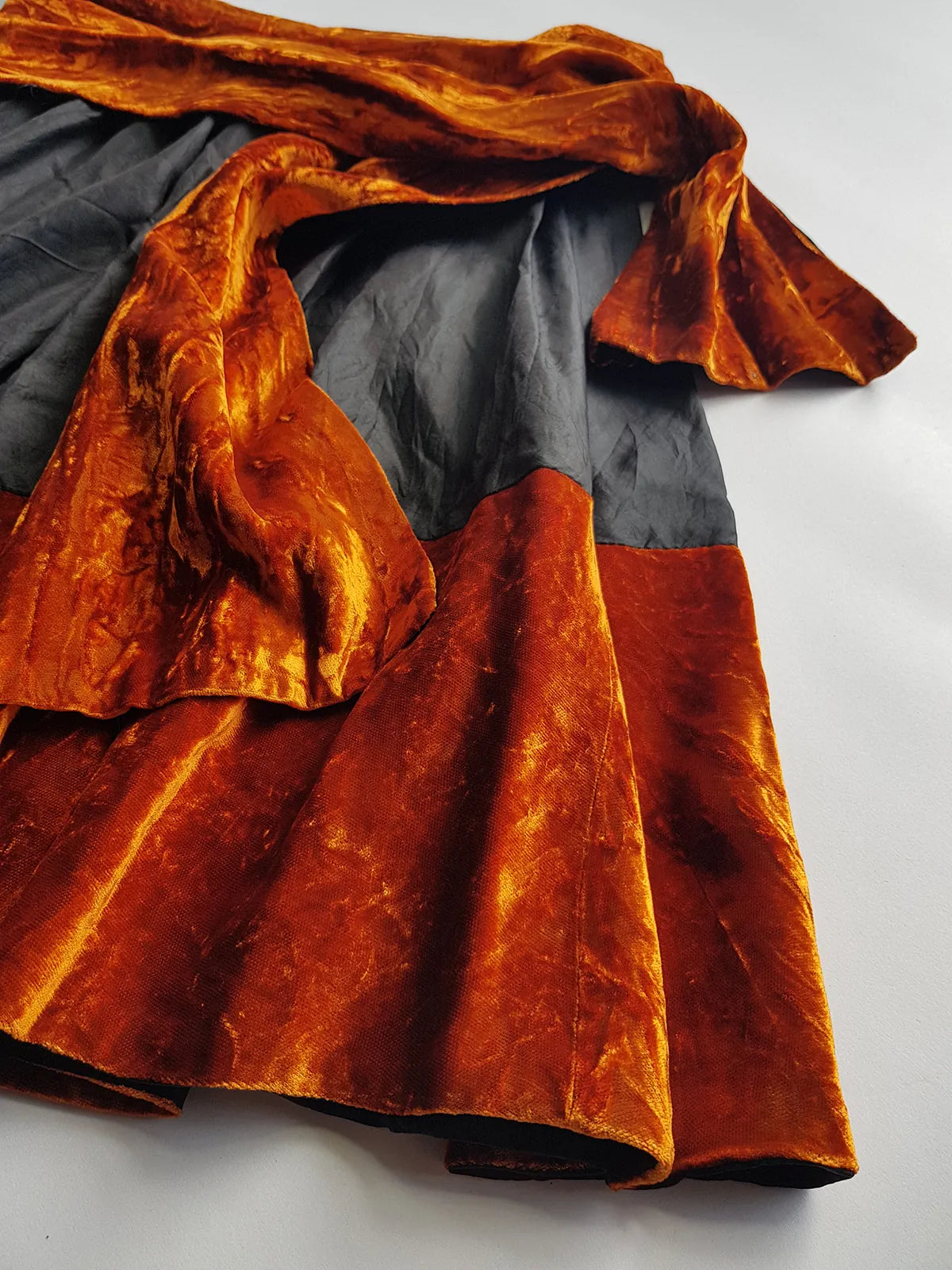 1990s Sexy Vintage Parisian Mini Skirt with absolutely insane burnt fire orange velvet paneling & matching shawl / belt - wear different ways