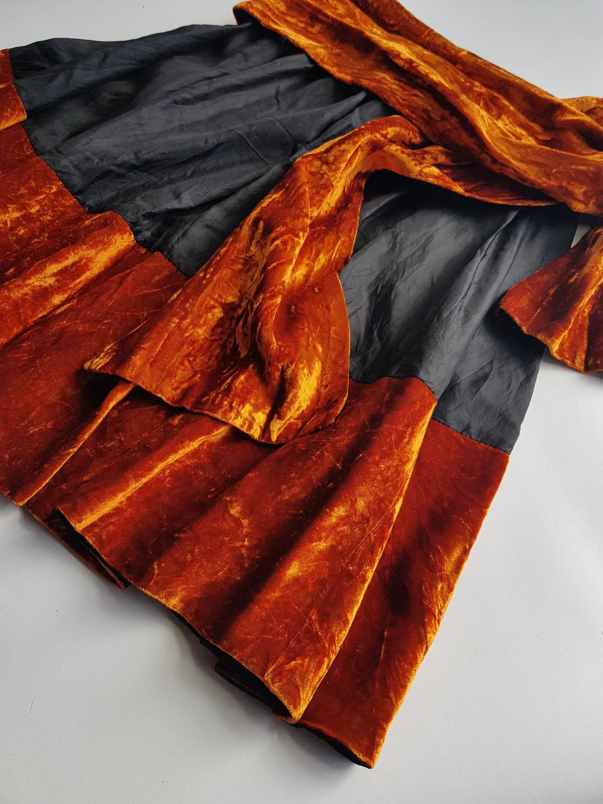 1990s Sexy Vintage Parisian Mini Skirt with absolutely insane burnt fire orange velvet paneling & matching shawl / belt - wear different ways