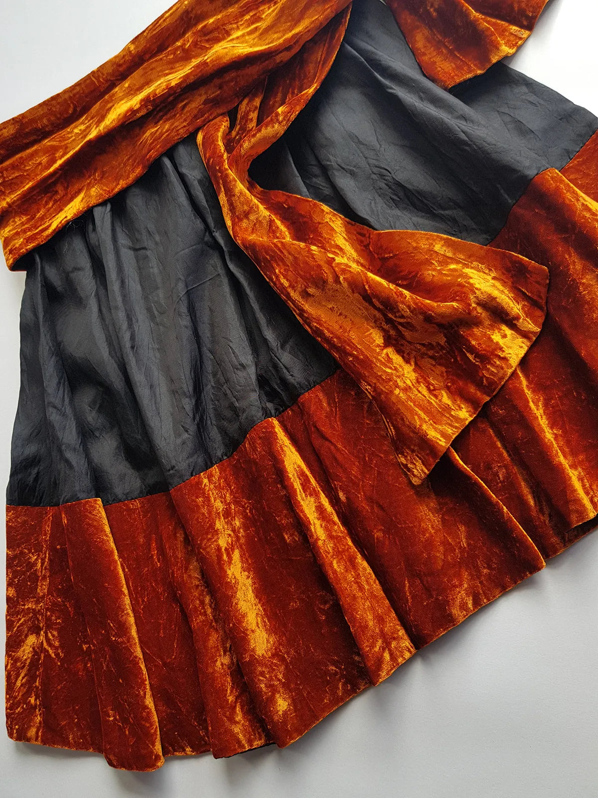 1990s Sexy Vintage Parisian Mini Skirt with absolutely insane burnt fire orange velvet paneling & matching shawl / belt - wear different ways