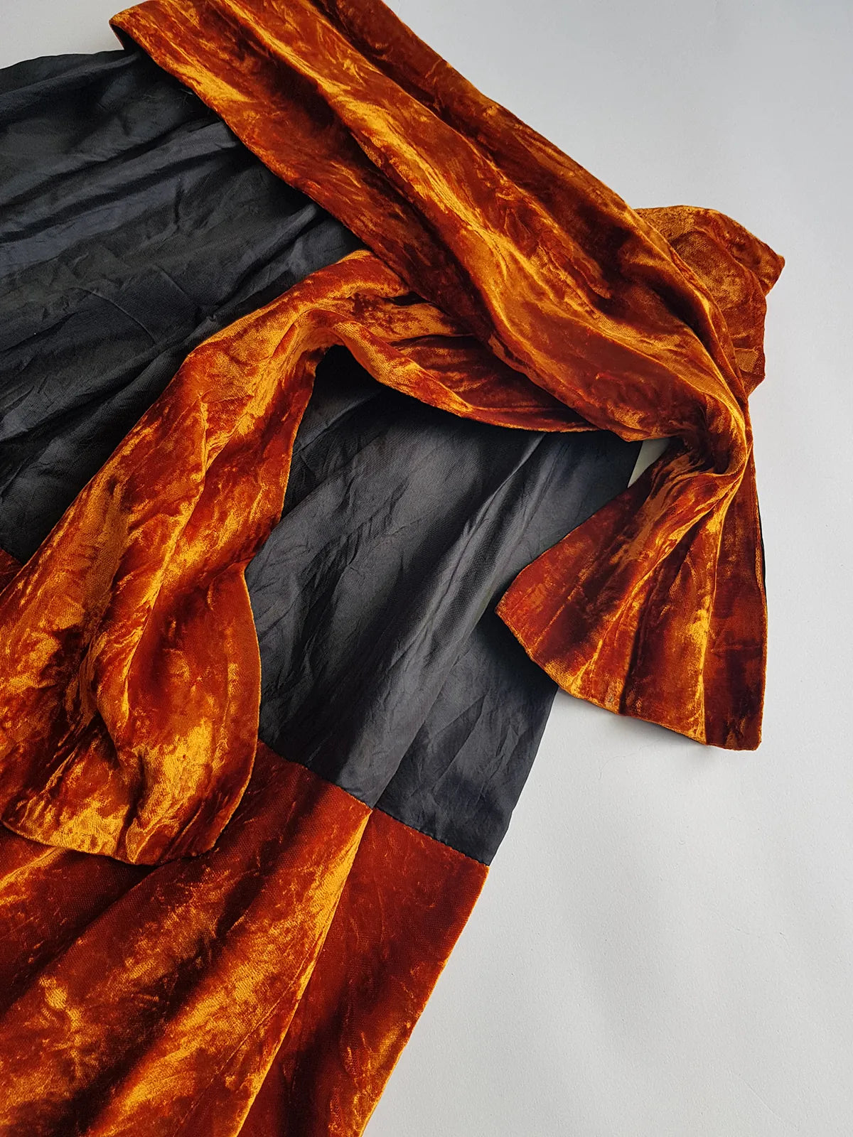 1990s Sexy Vintage Parisian Mini Skirt with absolutely insane burnt fire orange velvet paneling & matching shawl / belt - wear different ways