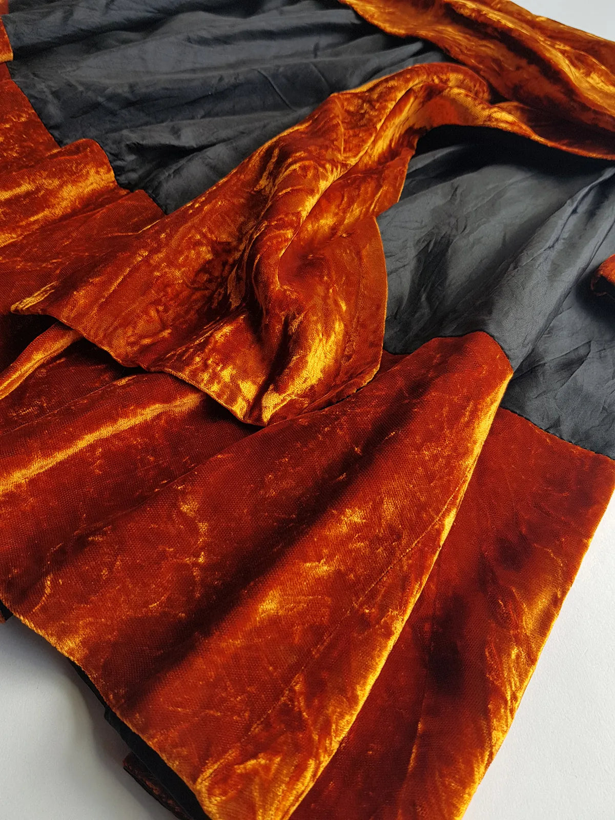 1990s Sexy Vintage Parisian Mini Skirt with absolutely insane burnt fire orange velvet paneling & matching shawl / belt - wear different ways