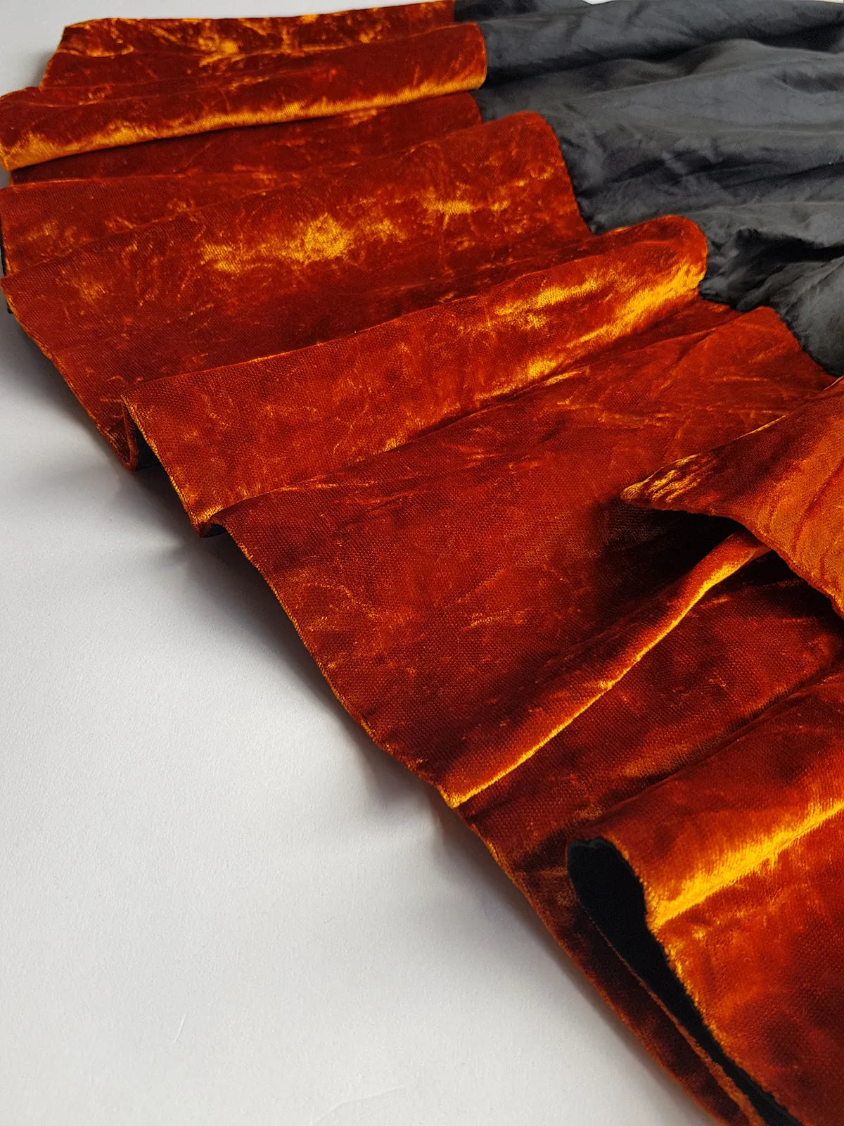 1990s Sexy Vintage Parisian Mini Skirt with absolutely insane burnt fire orange velvet paneling & matching shawl / belt - wear different ways