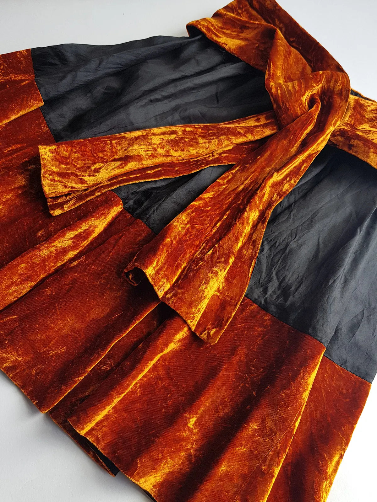 1990s Sexy Vintage Parisian Mini Skirt with absolutely insane burnt fire orange velvet paneling & matching shawl / belt - wear different ways