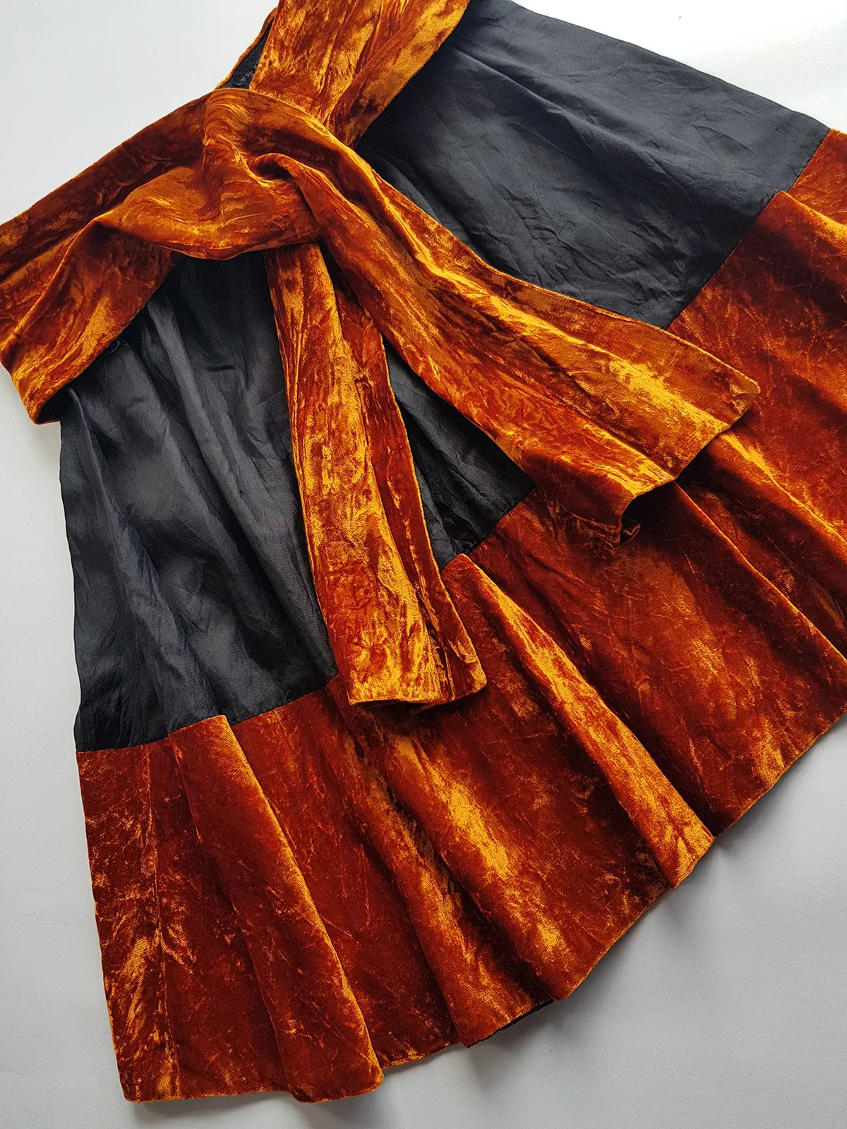 1990s Sexy Vintage Parisian Mini Skirt with absolutely insane burnt fire orange velvet paneling & matching shawl / belt - wear different ways