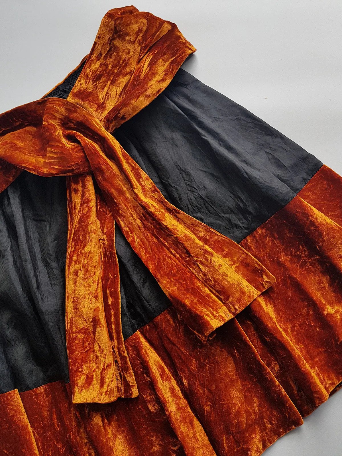 1990s Sexy Vintage Parisian Mini Skirt with absolutely insane burnt fire orange velvet paneling & matching shawl / belt - wear different ways