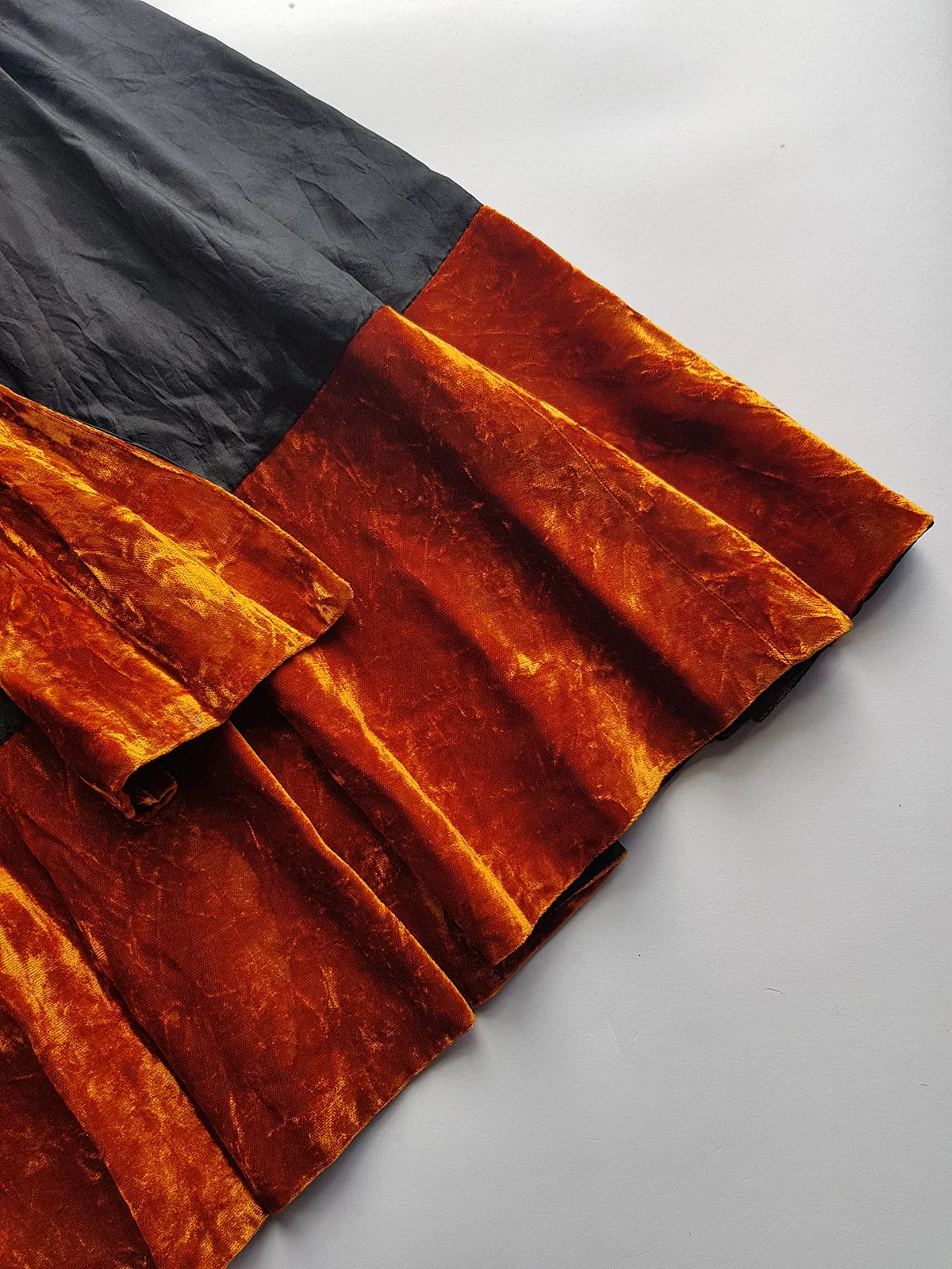 1990s Sexy Vintage Parisian Mini Skirt with absolutely insane burnt fire orange velvet paneling & matching shawl / belt - wear different ways