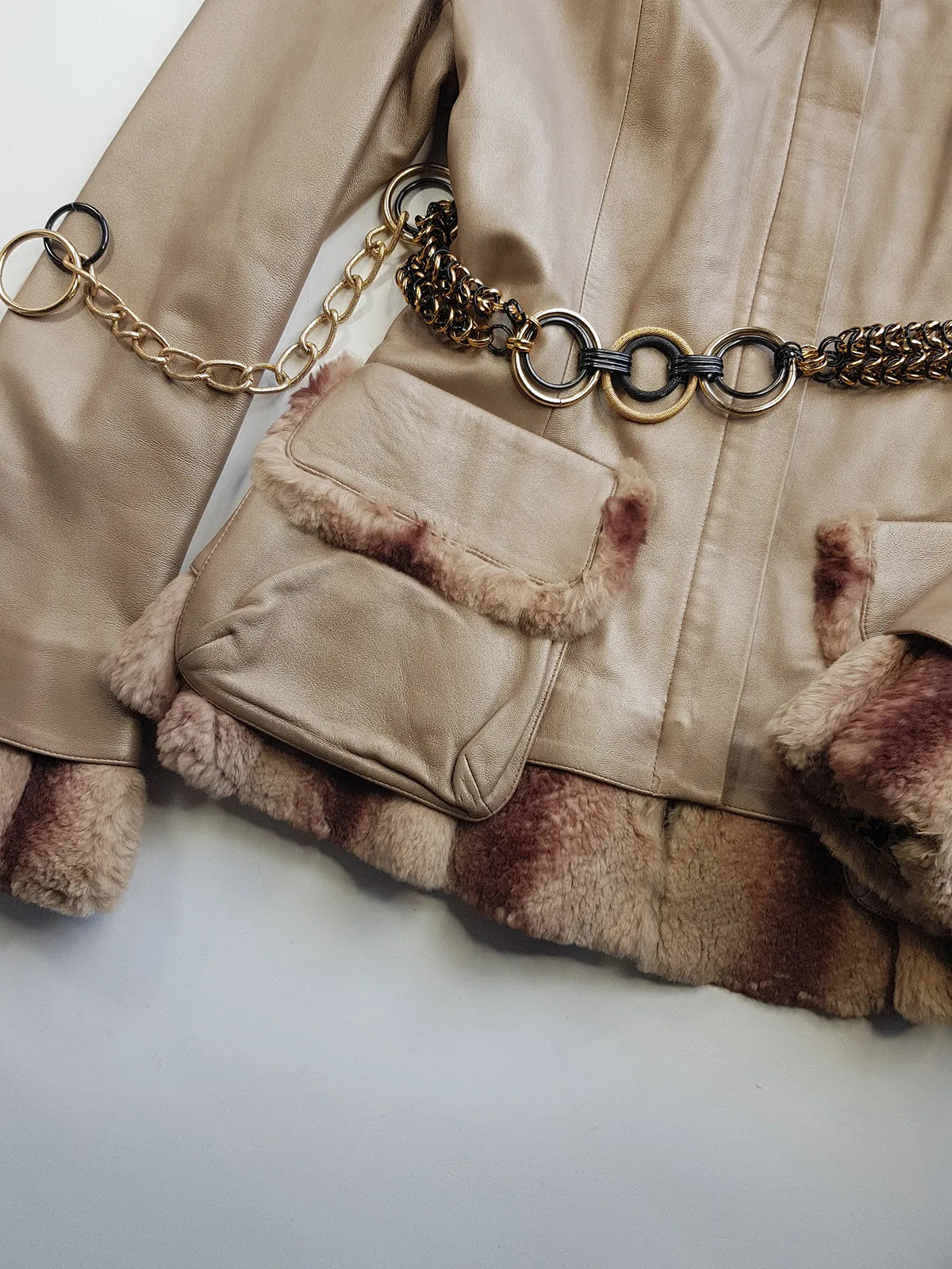 Vintage 2000s Metallic Champagne Leather & Fur Jacket - 100% genuine leather