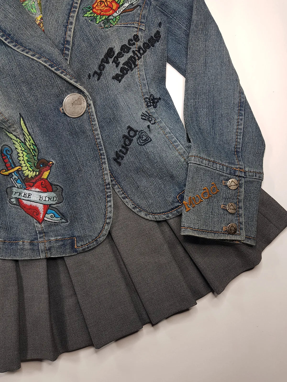 1990s Mudd Designer Deadstock - Insane Denim & Embroidery - Fitted Jacket - Metal Hardware - Original Tags still Attached