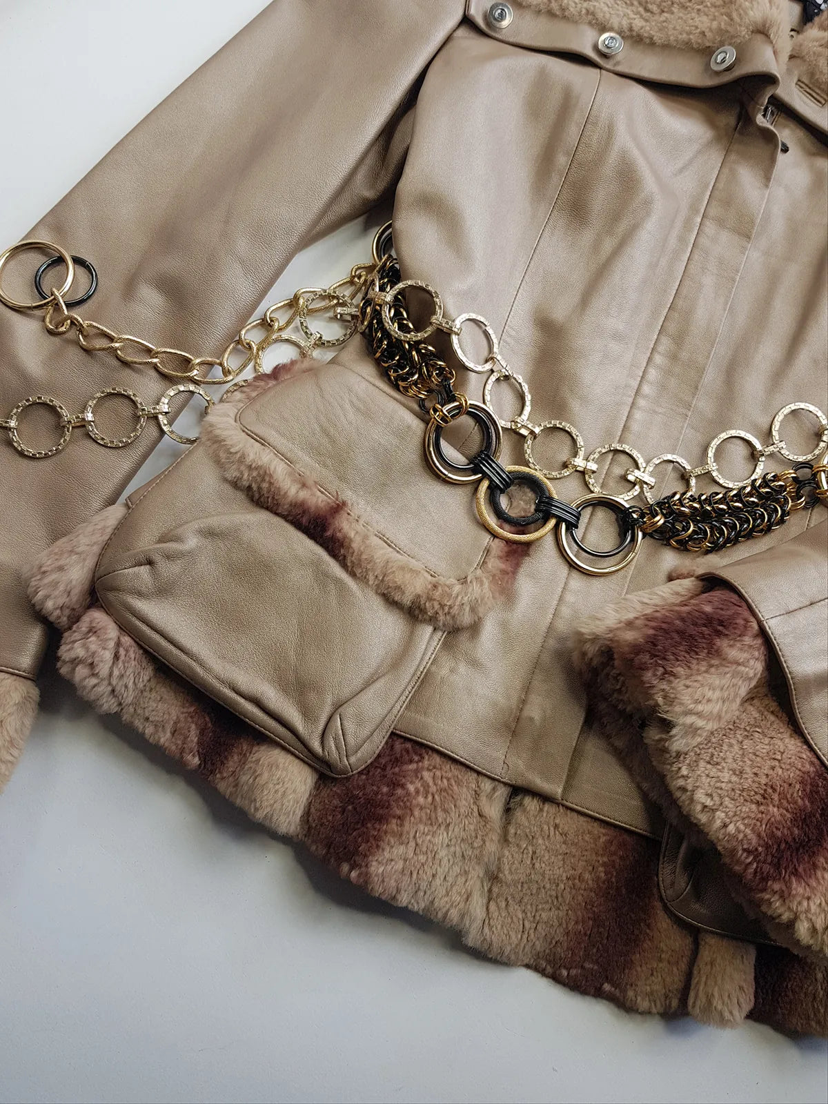 Vintage 2000s Metallic Champagne Leather & Fur Jacket - 100% genuine leather