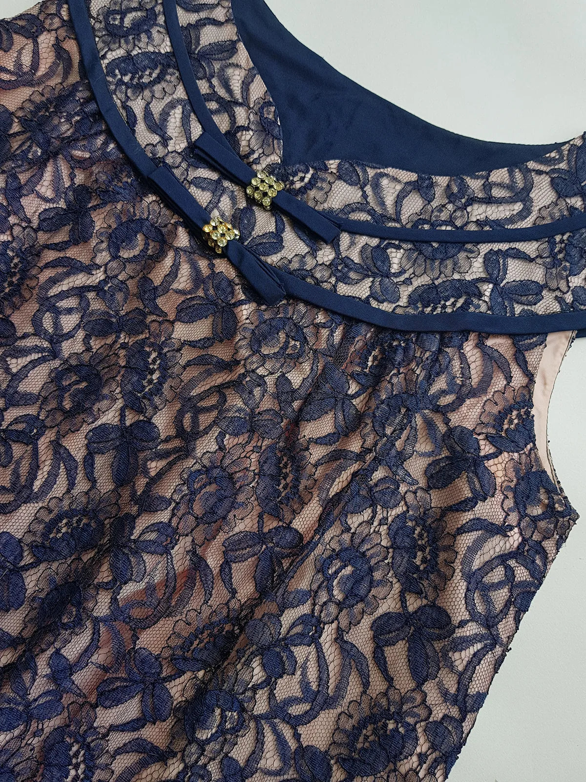 1950s Tailored Babydoll Top in Champagne Satin & Blue Lace Overlay - Rhinestone Buckles - Cut Beautifully for that 50s silhouette