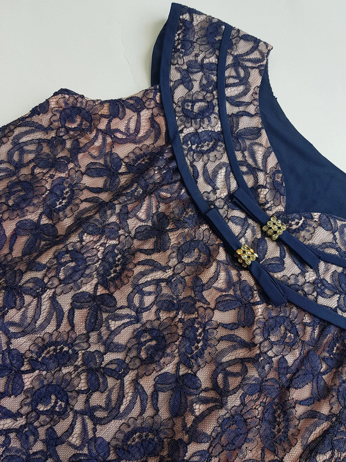 1950s Tailored Babydoll Top in Champagne Satin & Blue Lace Overlay - Rhinestone Buckles - Cut Beautifully for that 50s silhouette