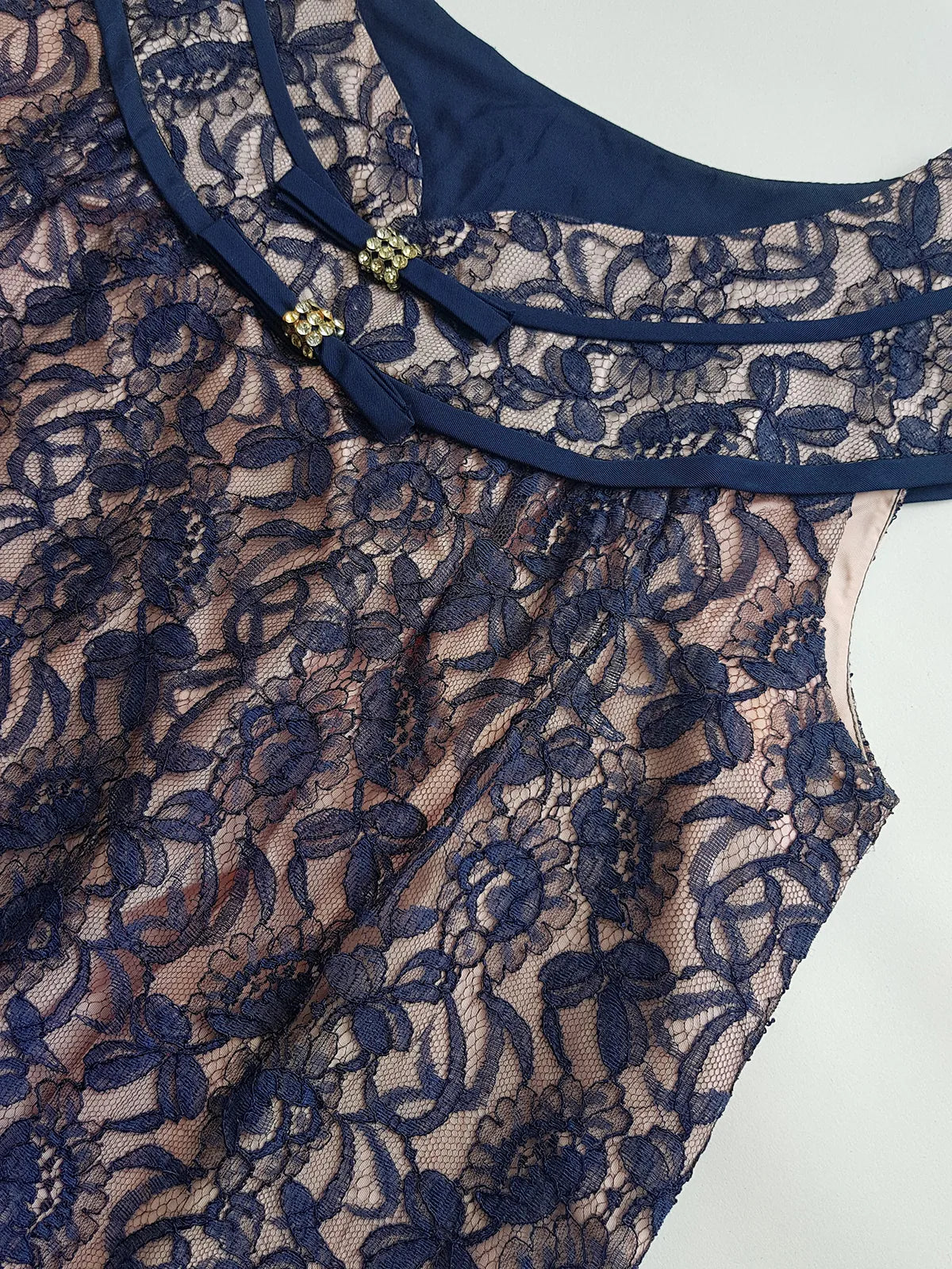 1950s Tailored Babydoll Top in Champagne Satin & Blue Lace Overlay - Rhinestone Buckles - Cut Beautifully for that 50s silhouette