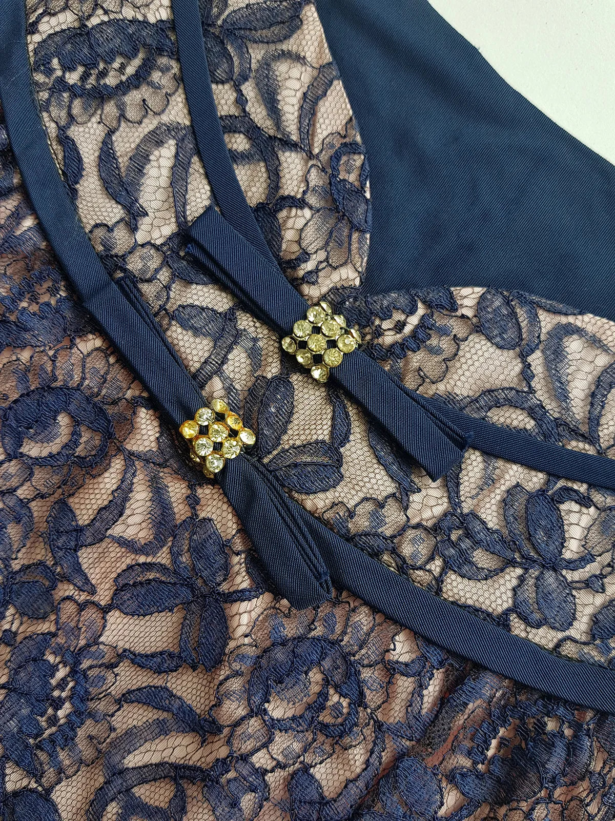 1950s Tailored Babydoll Top in Champagne Satin & Blue Lace Overlay - Rhinestone Buckles - Cut Beautifully for that 50s silhouette