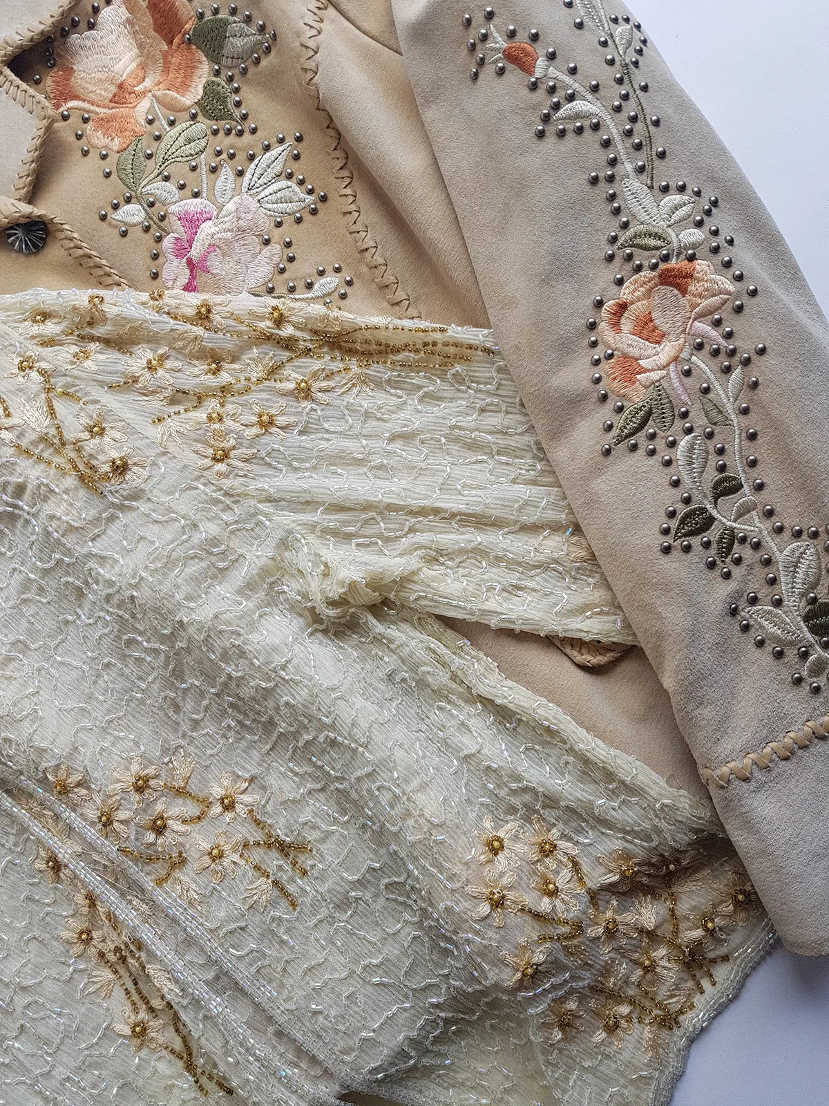 Vintage Ethereal 100% Silk - Bridal Quality Cream & Gold Flowers - Handmade Fully Beaded Jacket