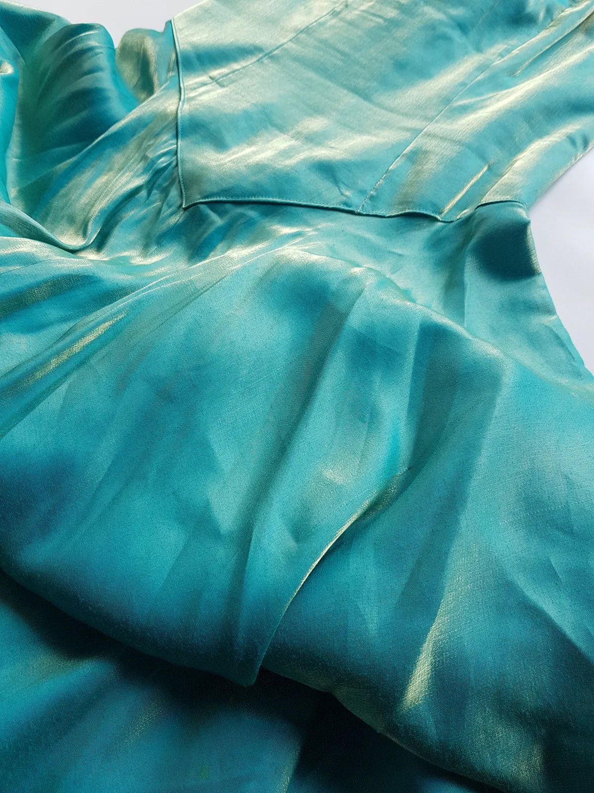 Ultimate 90s Siren / Mermaid Floor Length Dramatic Strapless Corset Gown - Iridescent Shimmery Blue with Gold Flare - Scalloped Hemline - Fully Boned Bodice