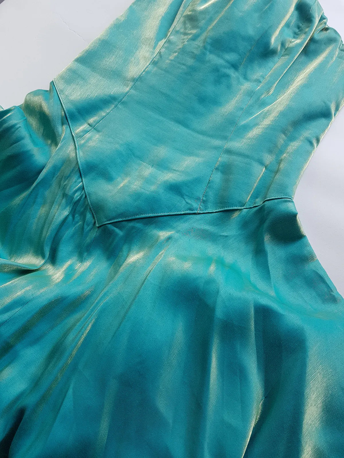 Ultimate 90s Siren / Mermaid Floor Length Dramatic Strapless Corset Gown - Iridescent Shimmery Blue with Gold Flare - Scalloped Hemline - Fully Boned Bodice