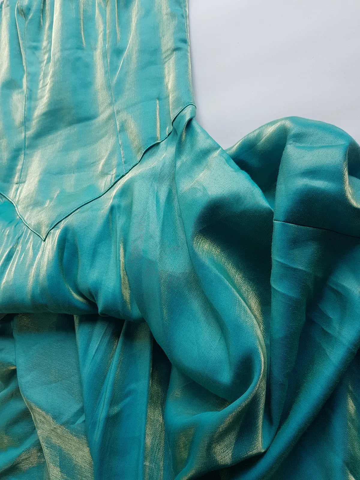 Ultimate 90s Siren / Mermaid Floor Length Dramatic Strapless Corset Gown - Iridescent Shimmery Blue with Gold Flare - Scalloped Hemline - Fully Boned Bodice