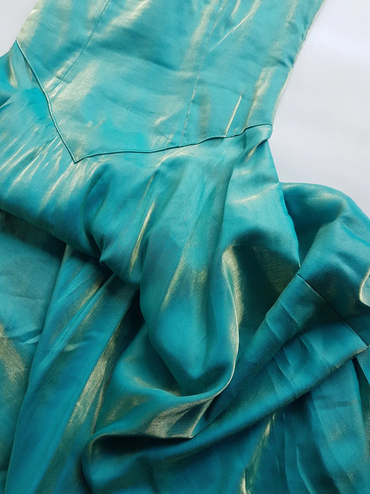 Ultimate 90s Siren / Mermaid Floor Length Dramatic Strapless Corset Gown - Iridescent Shimmery Blue with Gold Flare - Scalloped Hemline - Fully Boned Bodice