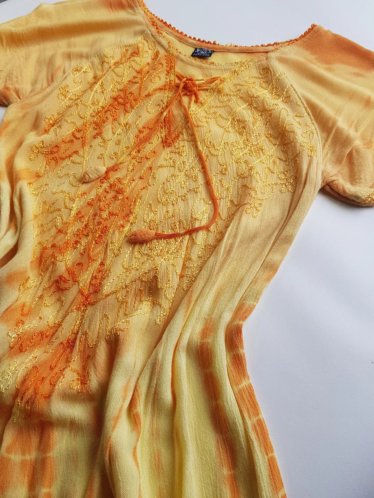 Unbelievable 90s Sunset Yellow & Orange Bohemian Goddess Sundress - Embroidered Silky Soft Cotton - Bohemian Goddess - Hand Dyed - Asymmetrical Hemline & Flattering Hourglass Shape