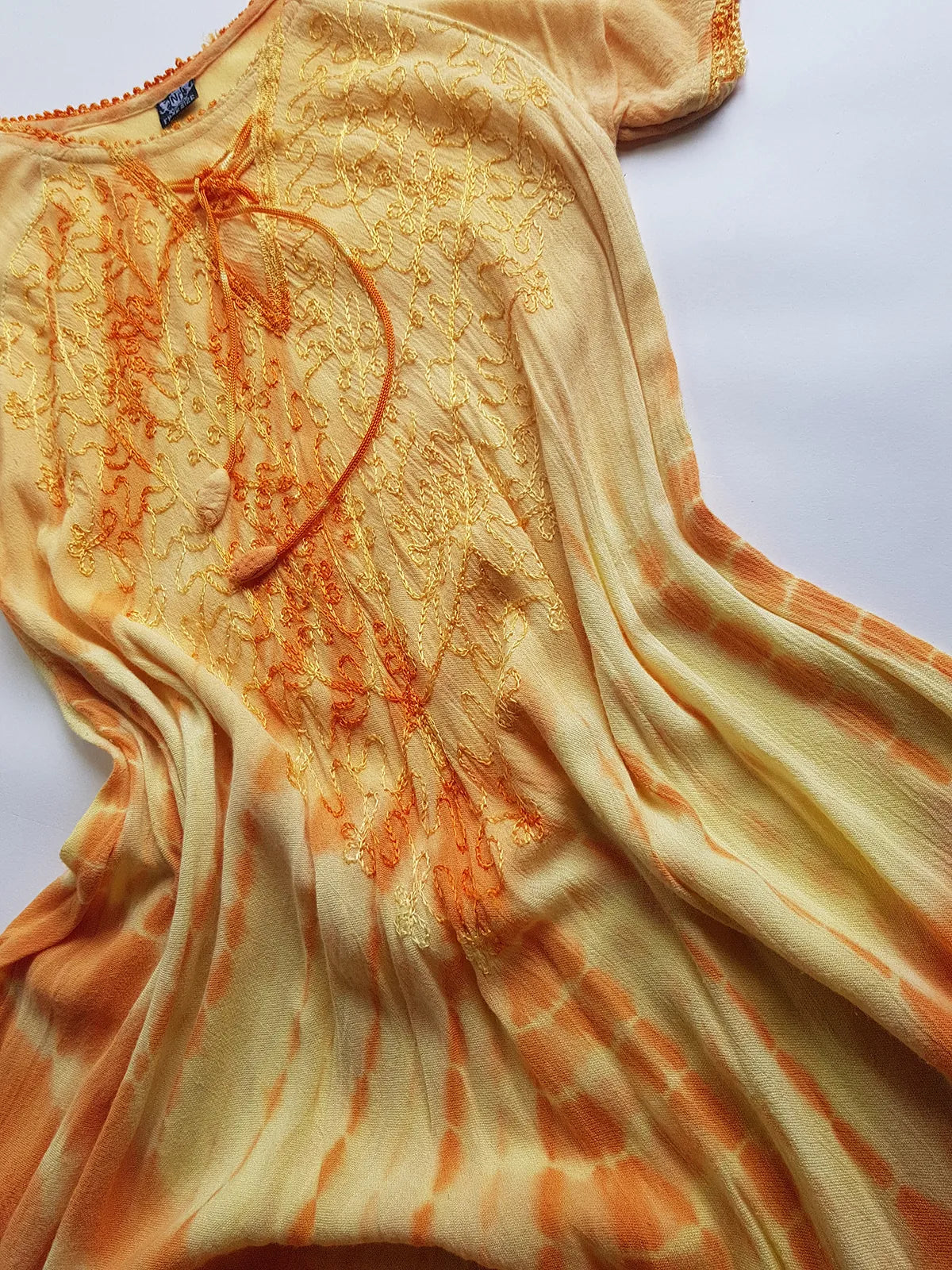 Unbelievable 90s Sunset Yellow & Orange Bohemian Goddess Sundress - Embroidered Silky Soft Cotton - Bohemian Goddess - Hand Dyed - Asymmetrical Hemline & Flattering Hourglass Shape