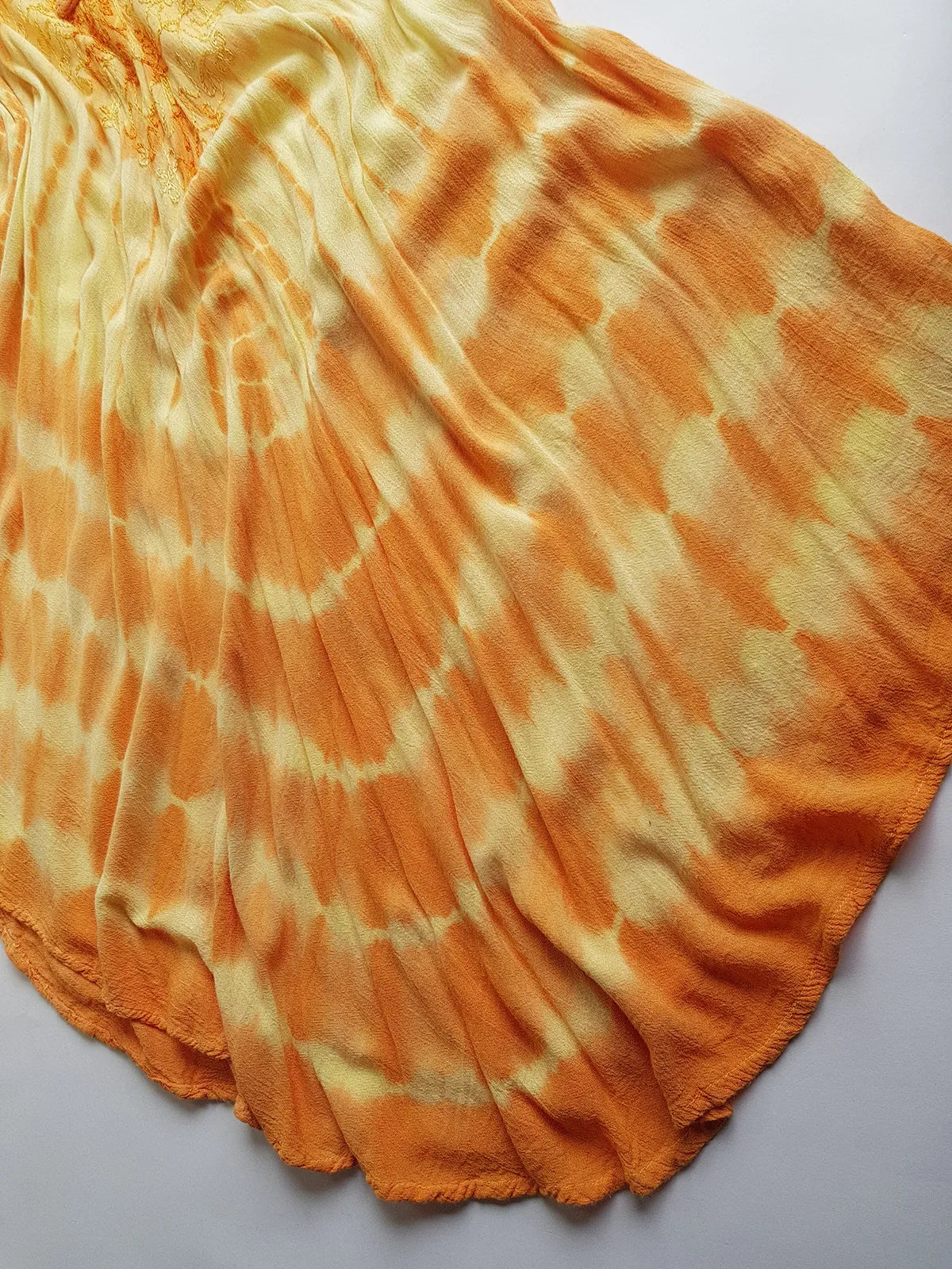 Unbelievable 90s Sunset Yellow & Orange Bohemian Goddess Sundress - Embroidered Silky Soft Cotton - Bohemian Goddess - Hand Dyed - Asymmetrical Hemline & Flattering Hourglass Shape