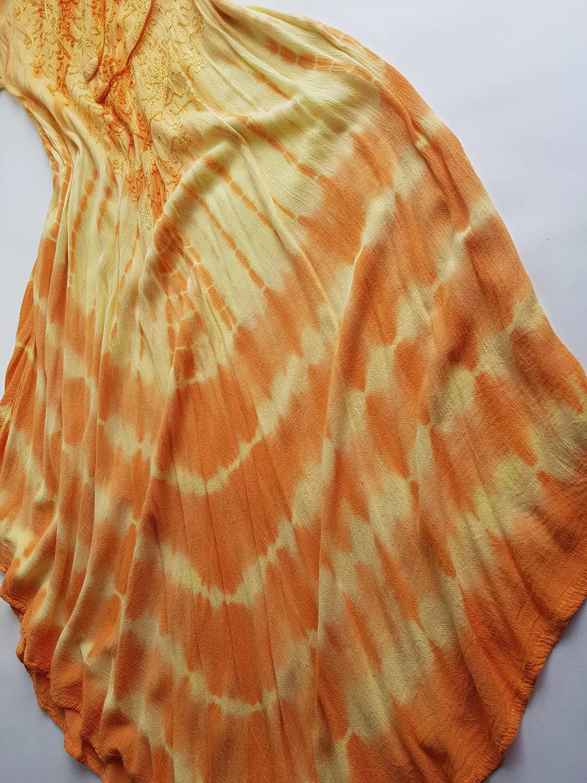 Unbelievable 90s Sunset Yellow & Orange Bohemian Goddess Sundress - Embroidered Silky Soft Cotton - Bohemian Goddess - Hand Dyed - Asymmetrical Hemline & Flattering Hourglass Shape