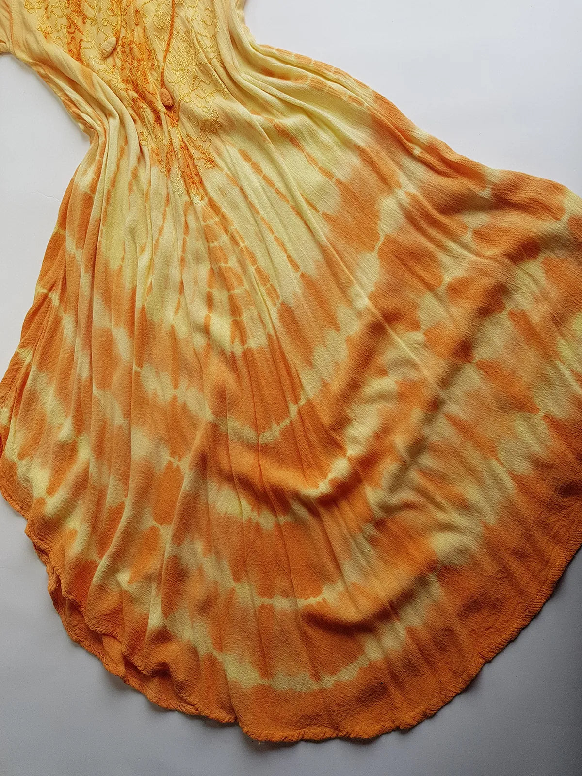 Unbelievable 90s Sunset Yellow & Orange Bohemian Goddess Sundress - Embroidered Silky Soft Cotton - Bohemian Goddess - Hand Dyed - Asymmetrical Hemline & Flattering Hourglass Shape