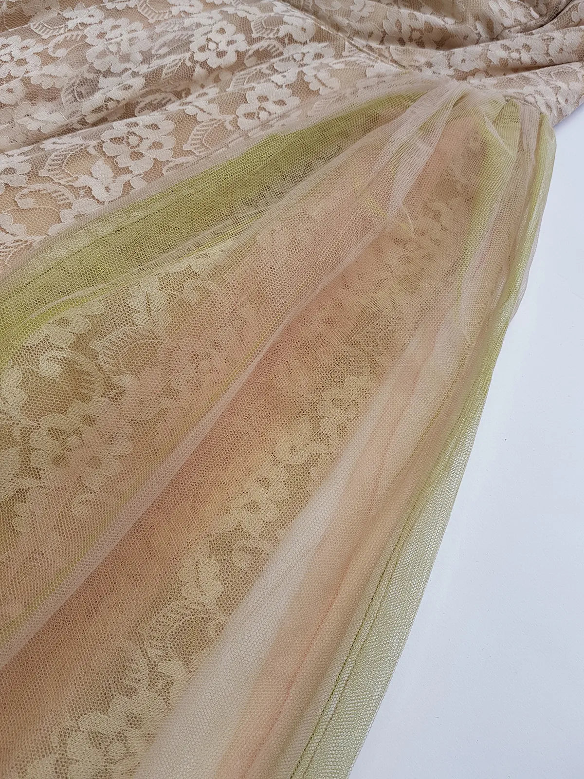 1950s One of a Kind Couture Standout Piece -  Frothy Matcha Latte Lace Gown - Halter Top & Tailored Bust - Unique Tones of Latte & Muted Matcha Greens - Structural Mesh Bust & Skirt Features - Multiple Layers of Lace & Mesh