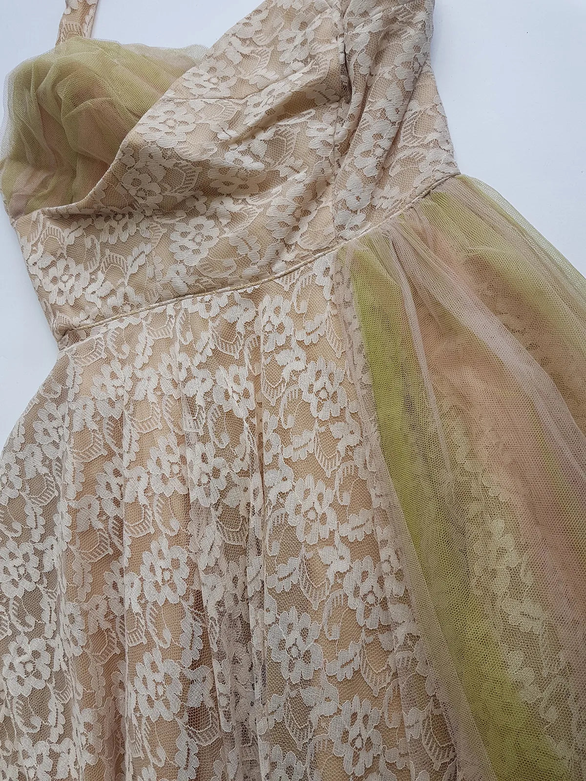 1950s One of a Kind Couture Standout Piece -  Frothy Matcha Latte Lace Gown - Halter Top & Tailored Bust - Unique Tones of Latte & Muted Matcha Greens - Structural Mesh Bust & Skirt Features - Multiple Layers of Lace & Mesh