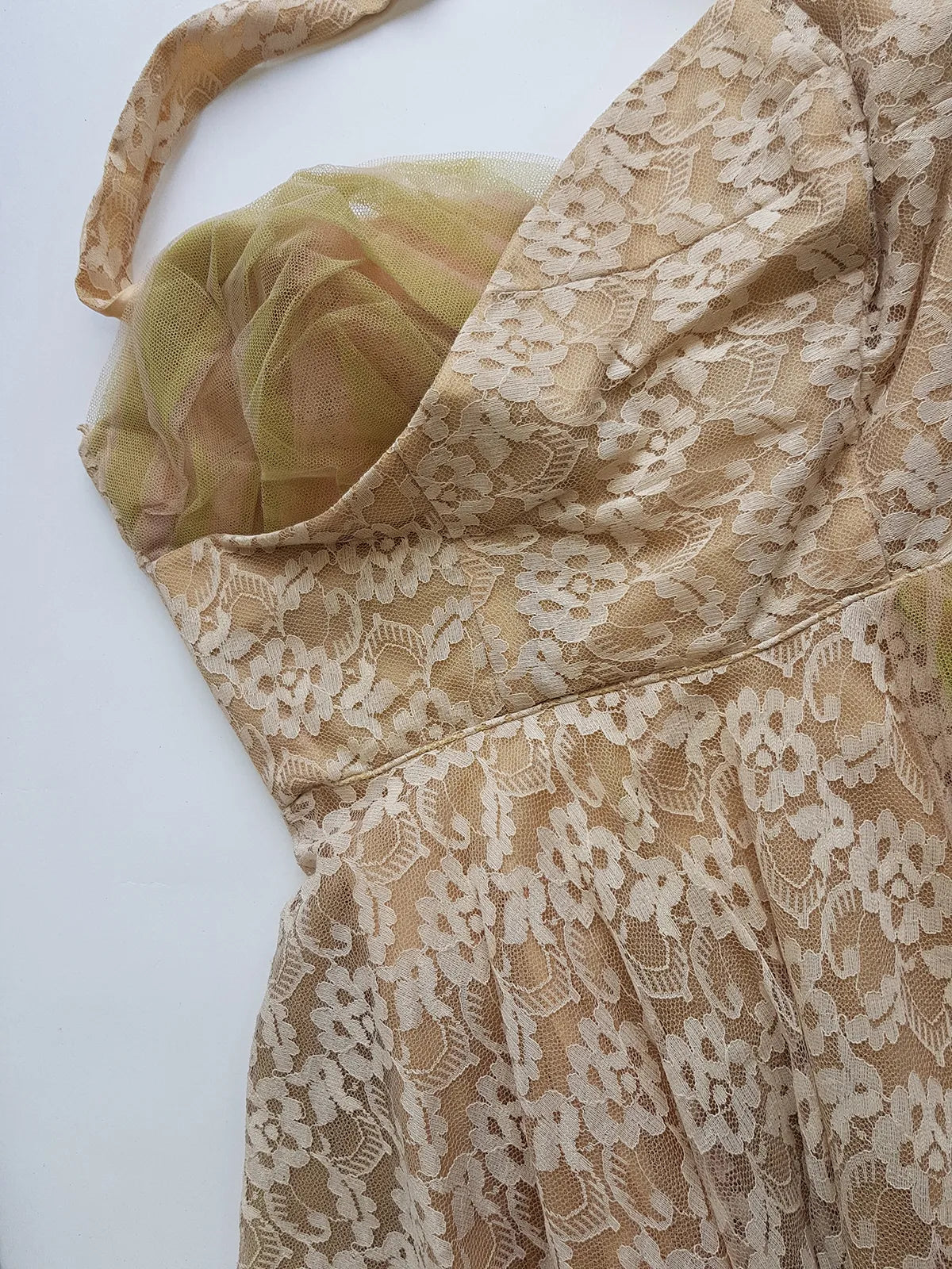 1950s One of a Kind Couture Standout Piece -  Frothy Matcha Latte Lace Gown - Halter Top & Tailored Bust - Unique Tones of Latte & Muted Matcha Greens - Structural Mesh Bust & Skirt Features - Multiple Layers of Lace & Mesh