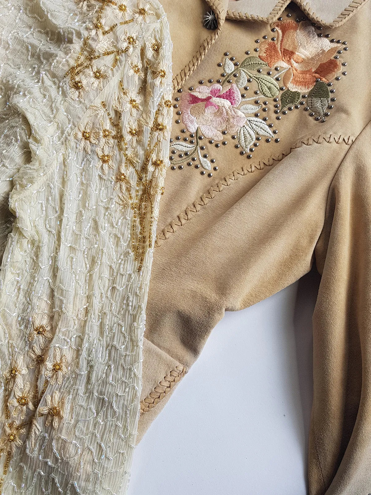 Vintage Ethereal 100% Silk - Bridal Quality Cream & Gold Flowers - Handmade Fully Beaded Jacket