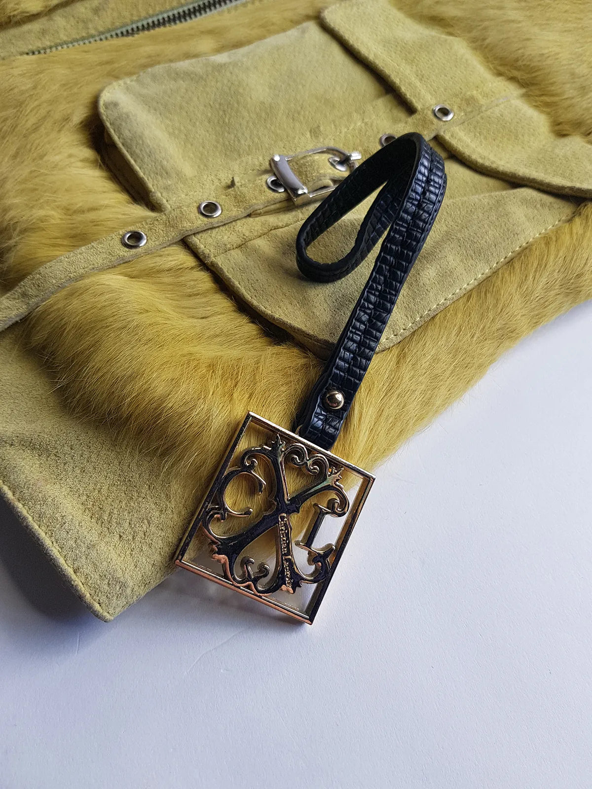 Christian LaCroix Designer Ornate Black Leather & Gold Hardware Bag charm with Signature CL Emblem & Stamp