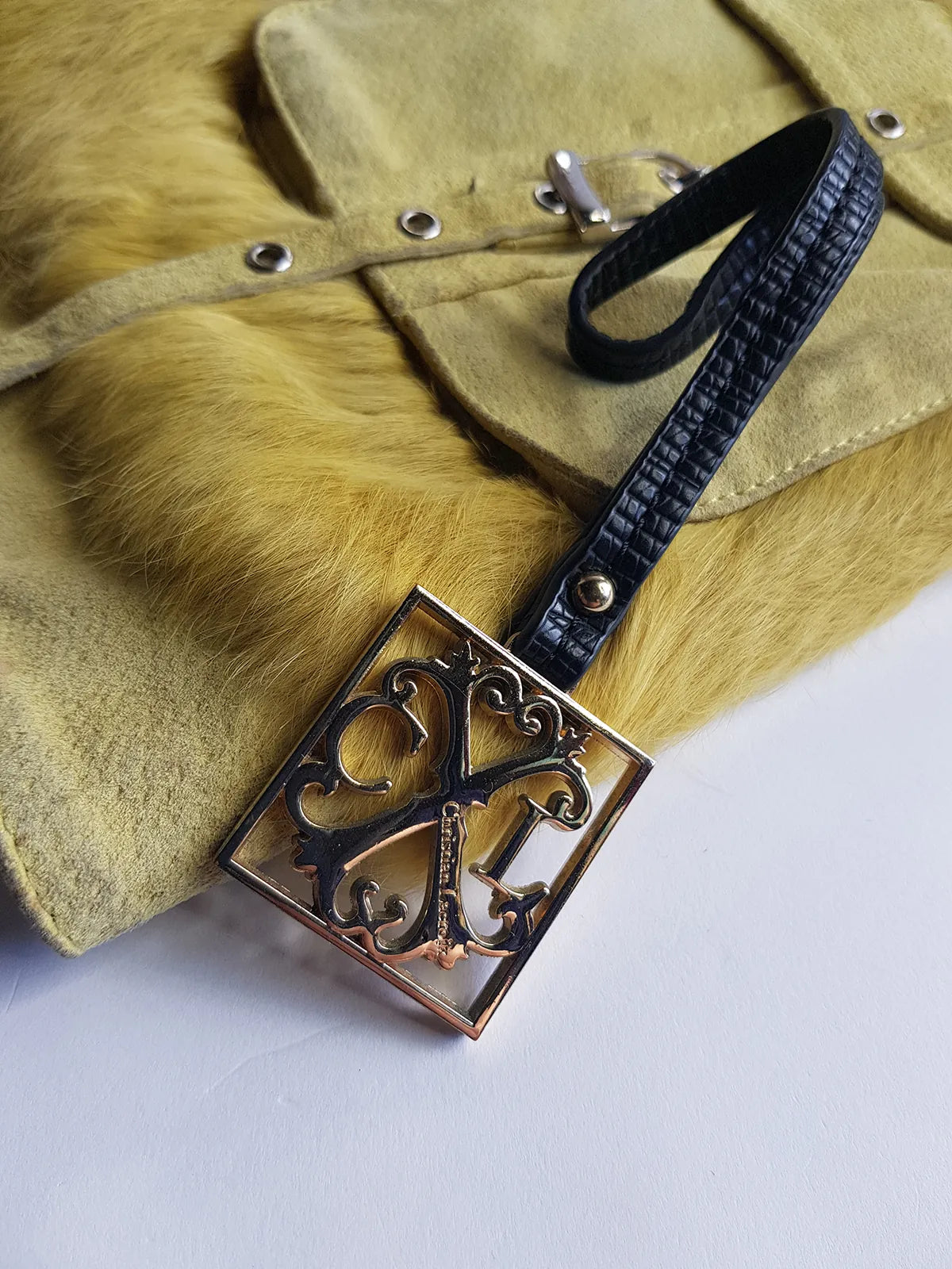 Christian LaCroix Designer Ornate Black Leather & Gold Hardware Bag charm with Signature CL Emblem & Stamp