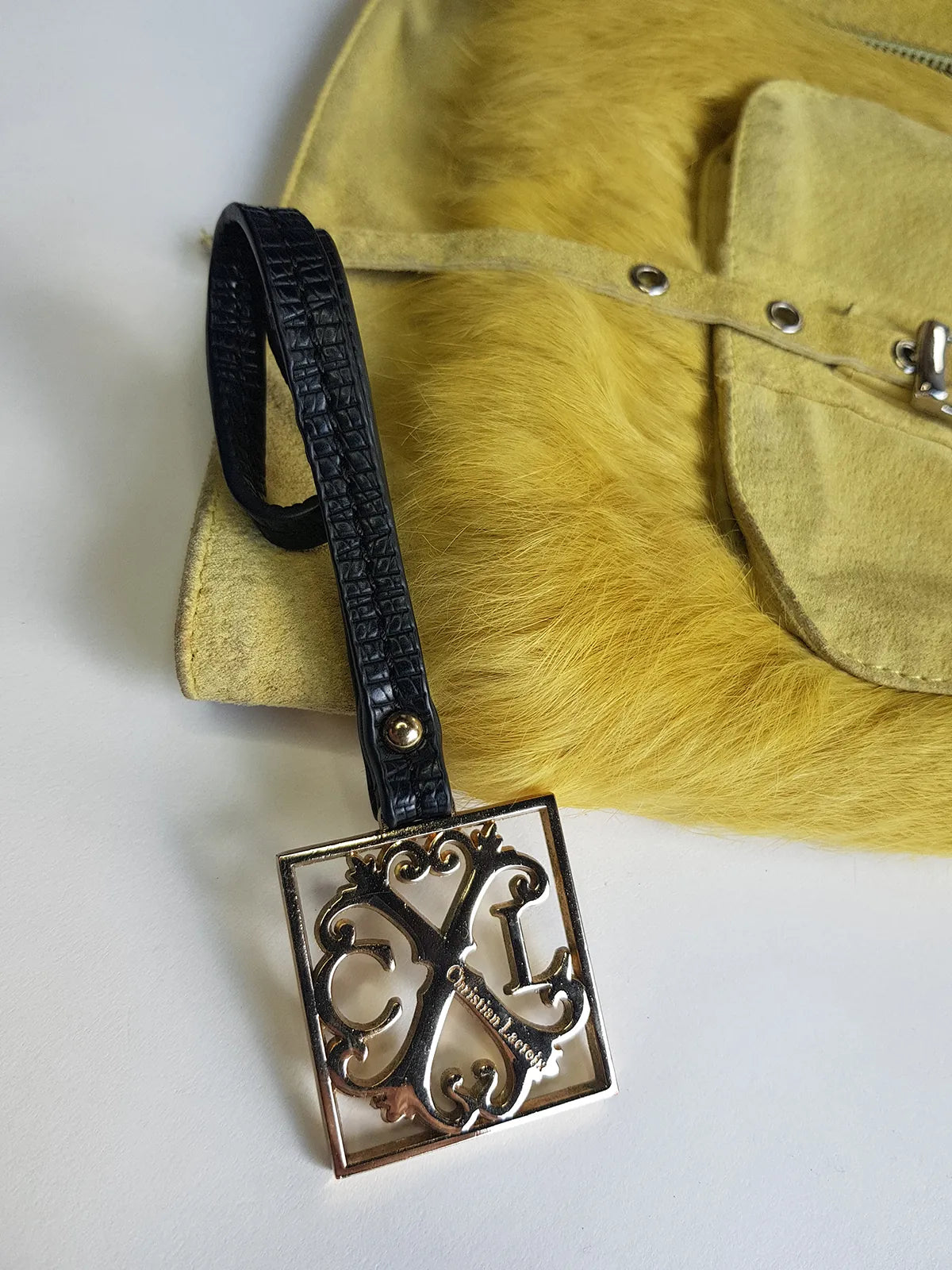 Christian LaCroix Designer Ornate Black Leather & Gold Hardware Bag charm with Signature CL Emblem & Stamp