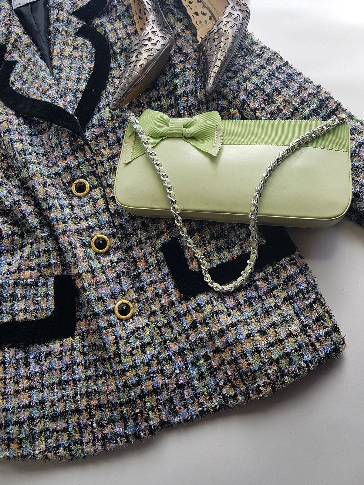 Vintage 2000s Designer Beverly Feldman Leather Purse in the Sweetest Mint Green & Plaid Lining - Chain Strap & Little Bow with Intricate Scalloped Leather Edging (Original Dustbag Included)
