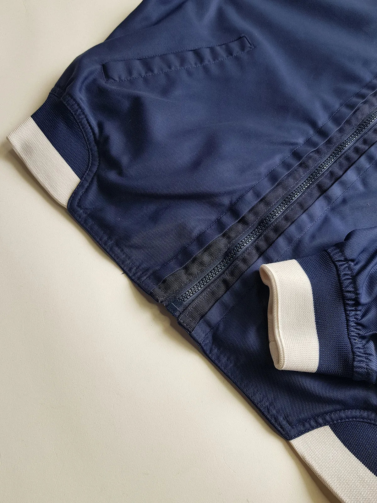 1990s Vintage Authentic Nike Workwear Vibes -  Bomber Style Track Jacket - Navy & Vintage White - Silver Hardware & Big Chunky Metal Zip - Embroidered Nike on the Chest - Elasticated Paneling on Neck Waist & Sleeves - Unworn Condition - Unisex Fit