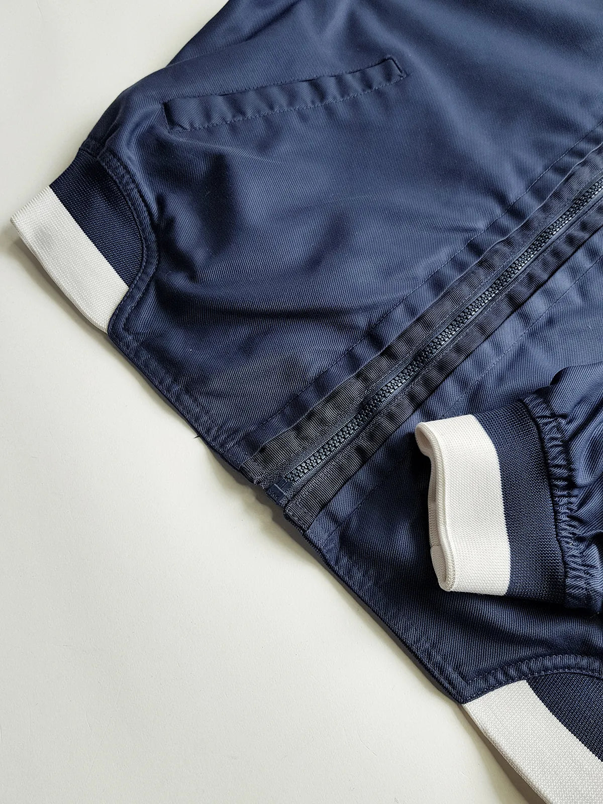 1990s Vintage Authentic Nike Workwear Vibes -  Bomber Style Track Jacket - Navy & Vintage White - Silver Hardware & Big Chunky Metal Zip - Embroidered Nike on the Chest - Elasticated Paneling on Neck Waist & Sleeves - Unworn Condition - Unisex Fit