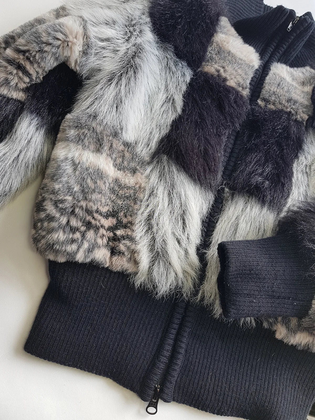 Authentic 90s Vintage Fur Bomber Jacket in Black Grey Tones & Animal Print - Chunky Metal Hardware - Knit Waist Sleeves & Neck - Fully Lined in Iridescent Dark Green - Unworn Condition