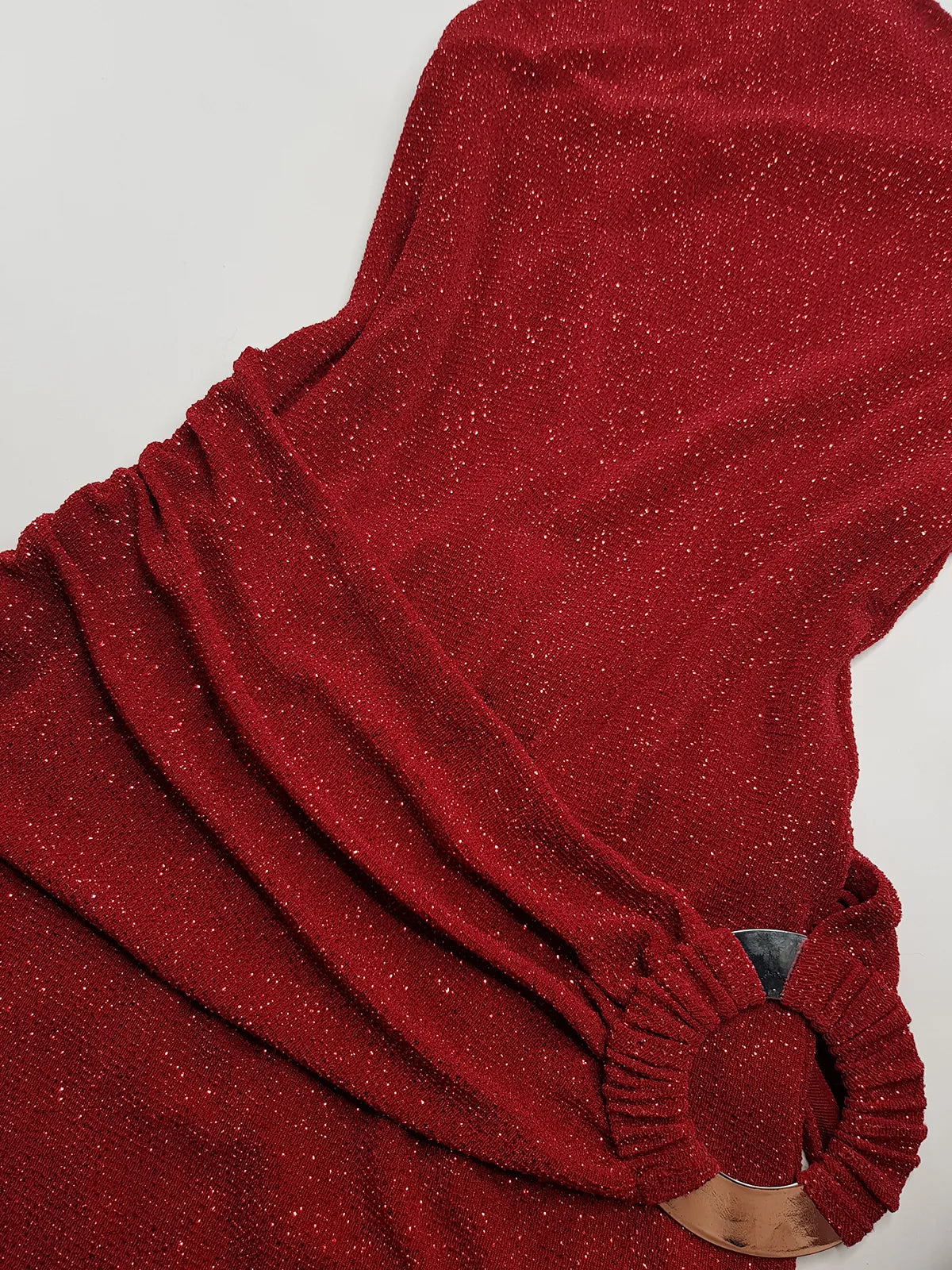 Iconic 90s Super Sexy Red Sparkle Gown - Absolutely Beautiful Silhouette & Hip Ruching with Silver Hardware Buckle that clings to the hip perfectly- Red with Red cast Diamonds in the fabric - Stretch body hugging high quality fabric