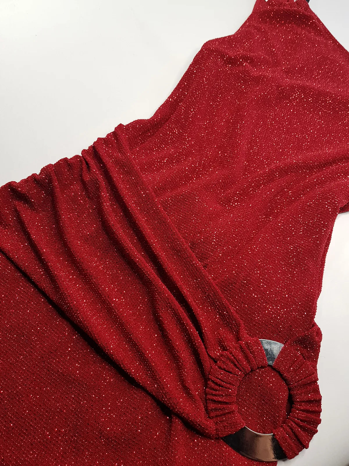 Iconic 90s Super Sexy Red Sparkle Gown - Absolutely Beautiful Silhouette & Hip Ruching with Silver Hardware Buckle that clings to the hip perfectly- Red with Red cast Diamonds in the fabric - Stretch body hugging high quality fabric