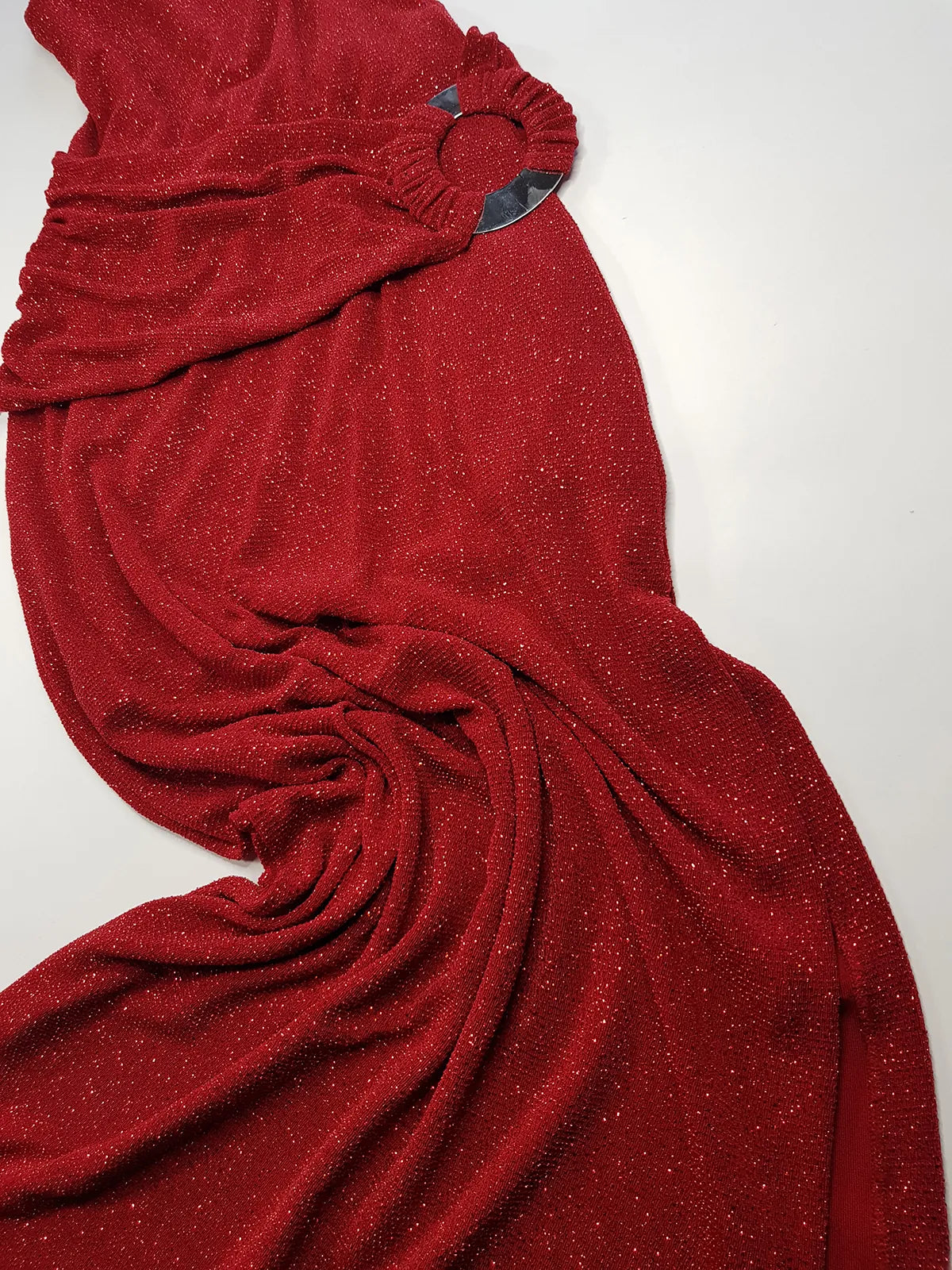 Iconic 90s Super Sexy Red Sparkle Gown - Absolutely Beautiful Silhouette & Hip Ruching with Silver Hardware Buckle that clings to the hip perfectly- Red with Red cast Diamonds in the fabric - Stretch body hugging high quality fabric