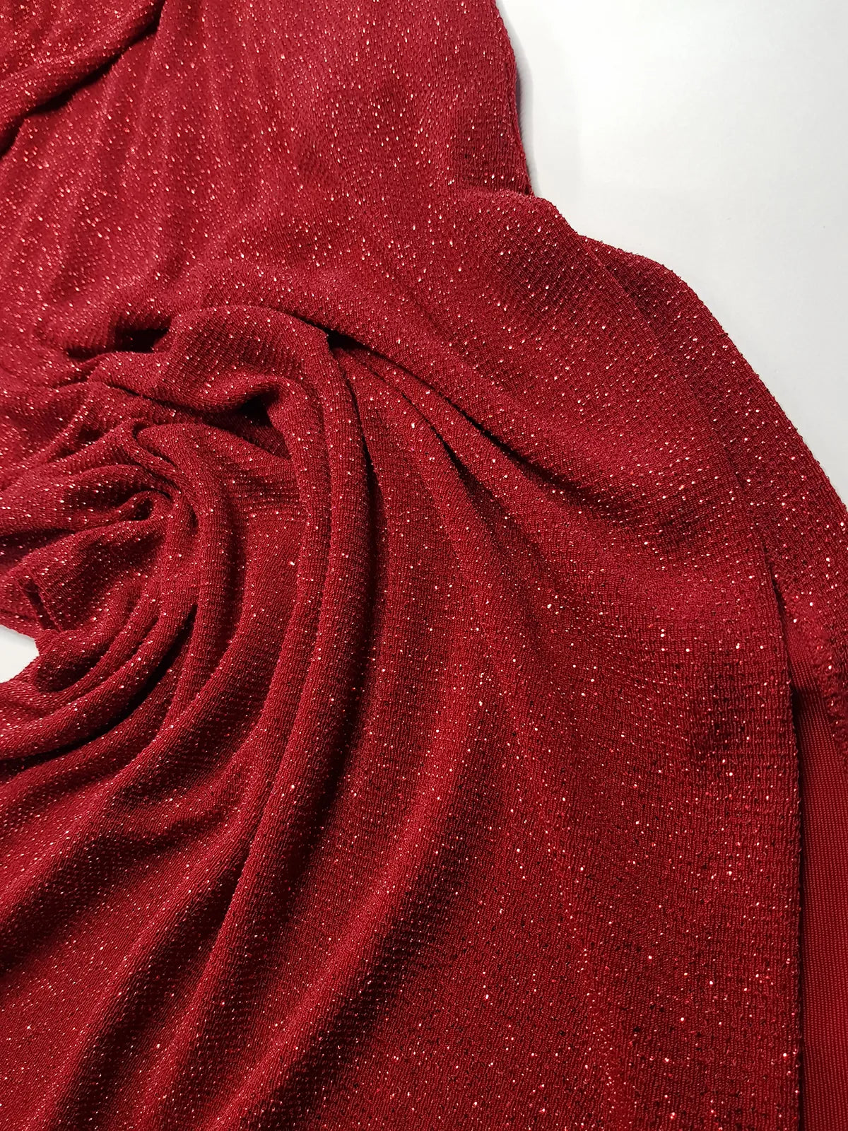 Iconic 90s Super Sexy Red Sparkle Gown - Absolutely Beautiful Silhouette & Hip Ruching with Silver Hardware Buckle that clings to the hip perfectly- Red with Red cast Diamonds in the fabric - Stretch body hugging high quality fabric